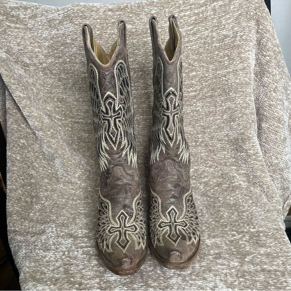 Corral Women's Boot Brown Black Size 9.5 Black Sequin Wing & Cross A1197 Leather - Picture 3 of 13